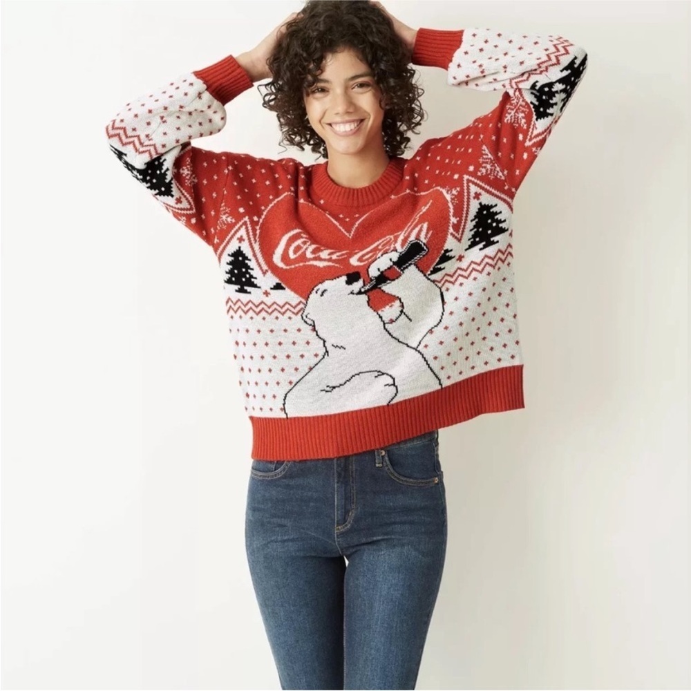 COCA COLA Polar Bear Christmas Sweater Novelty SZ M Red Cream Ugly Coke Holiday